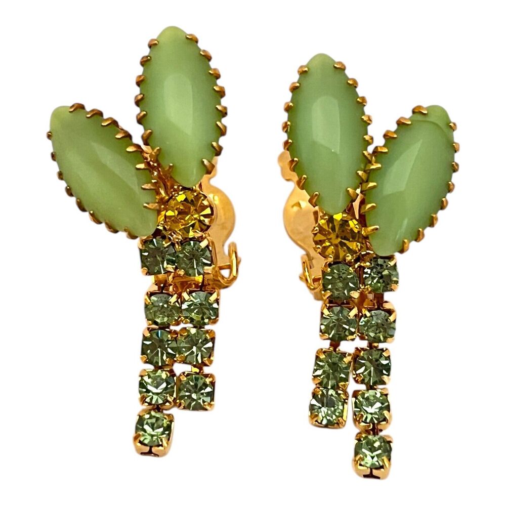 Vintage Brooch & Earring Set Rhinestones Green Yellow Demi-Parure Mcm 9v View 2